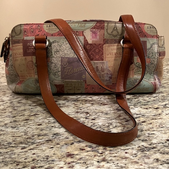 Fossil Vintage Travel Print Satchel Shoulder Bag Brown Leather Handles Cream - Picture 5 of 16